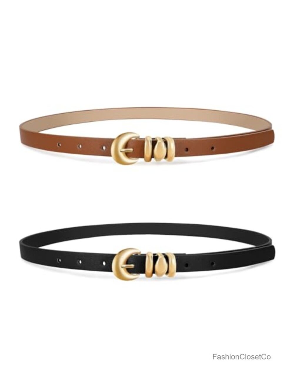 2 Pack Womens Skinny Faux Leather Belts Thin Waist Belt with Gold Buckle